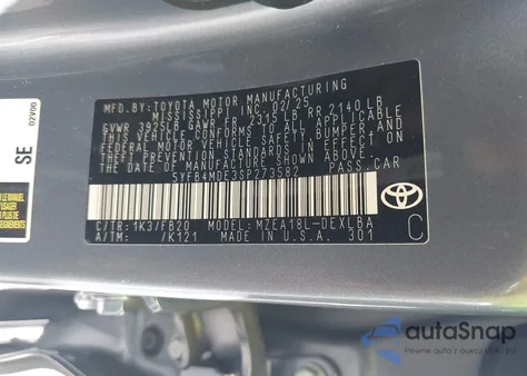 2025 Toyota Corolla Le from USA, damaged, VIN 5YFB4MDE3SP273582